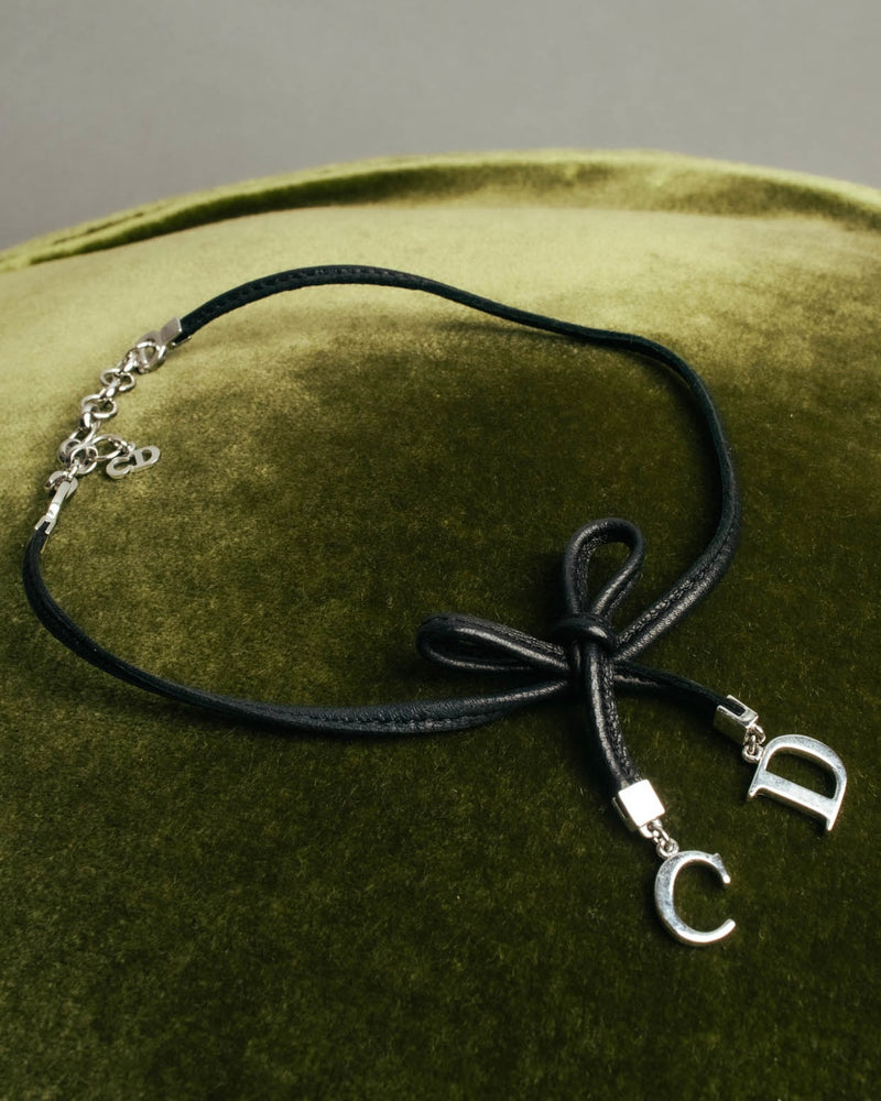 "Christian Dior" Ribbon charm leather cord choker necklace