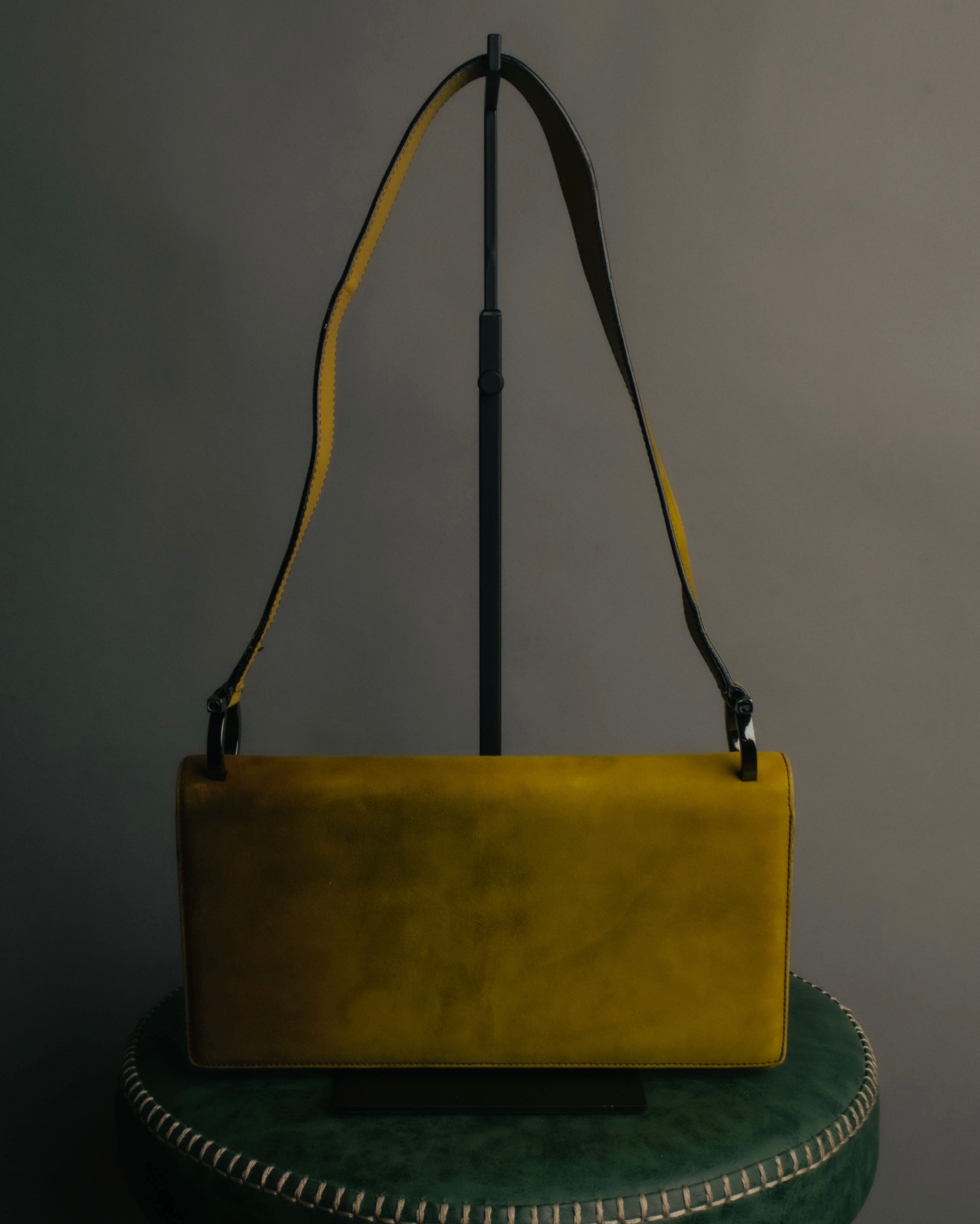 "Salvatore Ferragamo" 90's-00's Mustard yellow suede shoulder bag with oversized Gancini