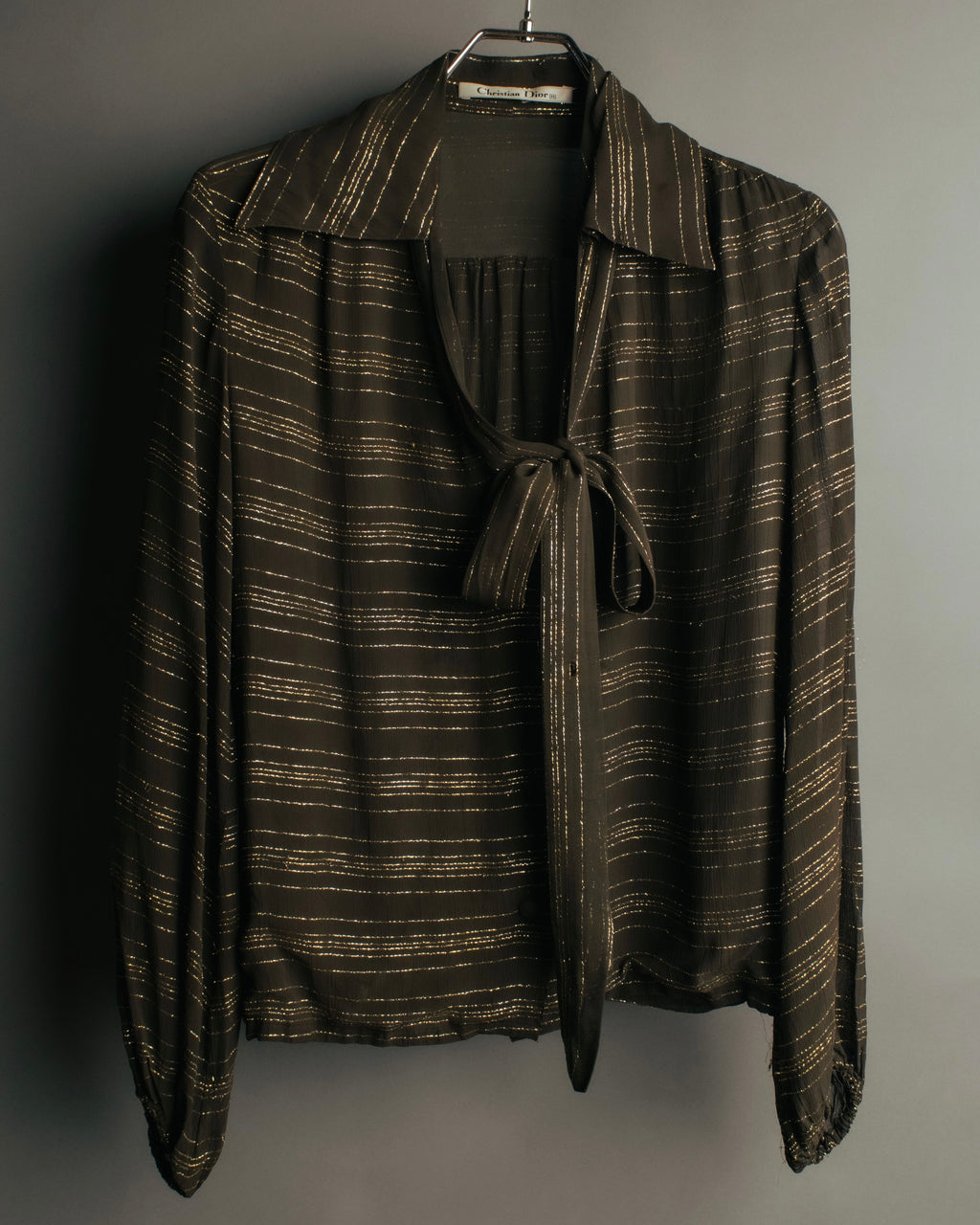 "Christian Dior" 80's-90's Lurex striped pussy-bow sheer blouse