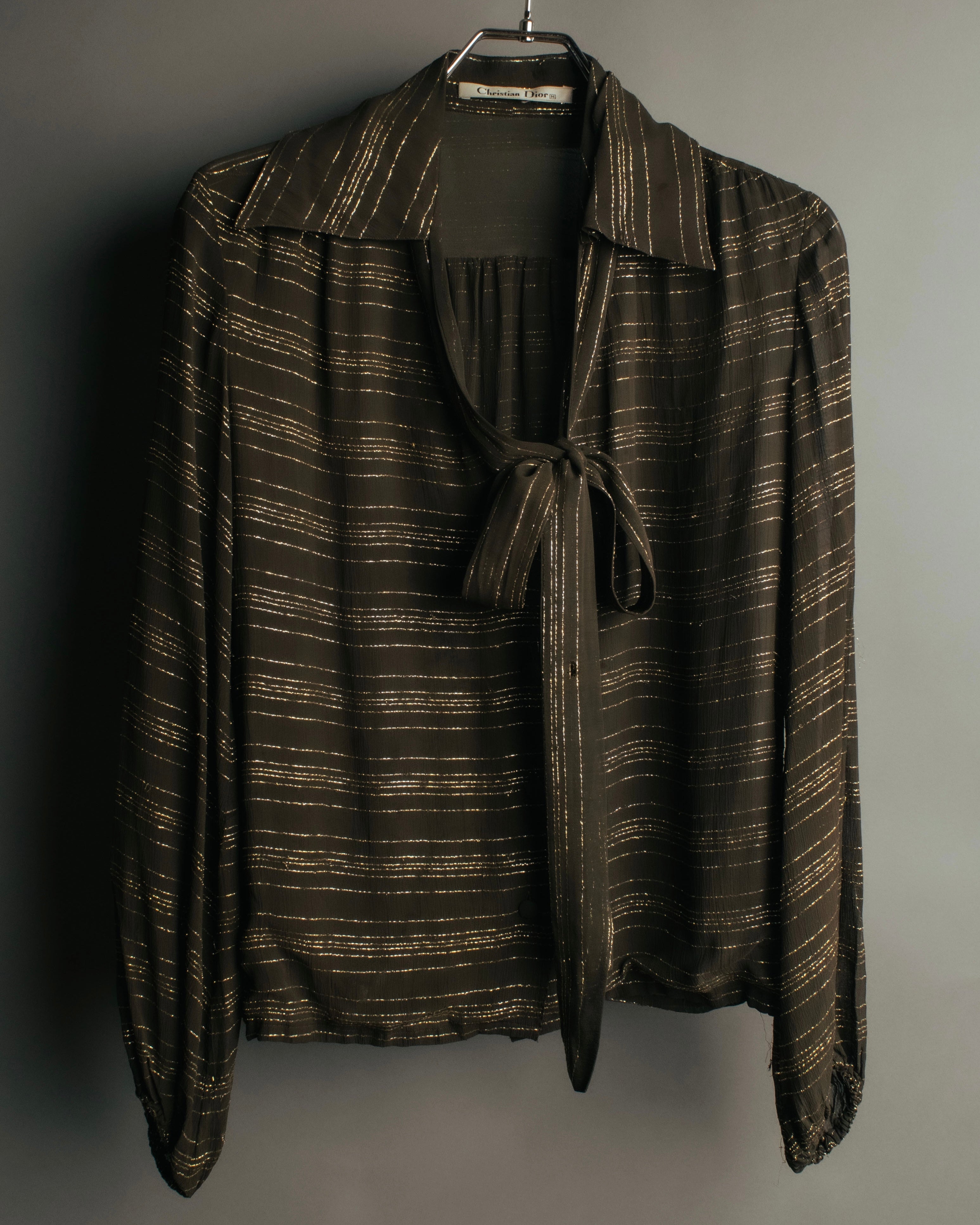 "Christian Dior" 80's-90's Lurex striped pussy-bow sheer blouse