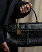 "YVES SAINT LAURENT" Whip stitch design crocodile foil stamped leather hand bag