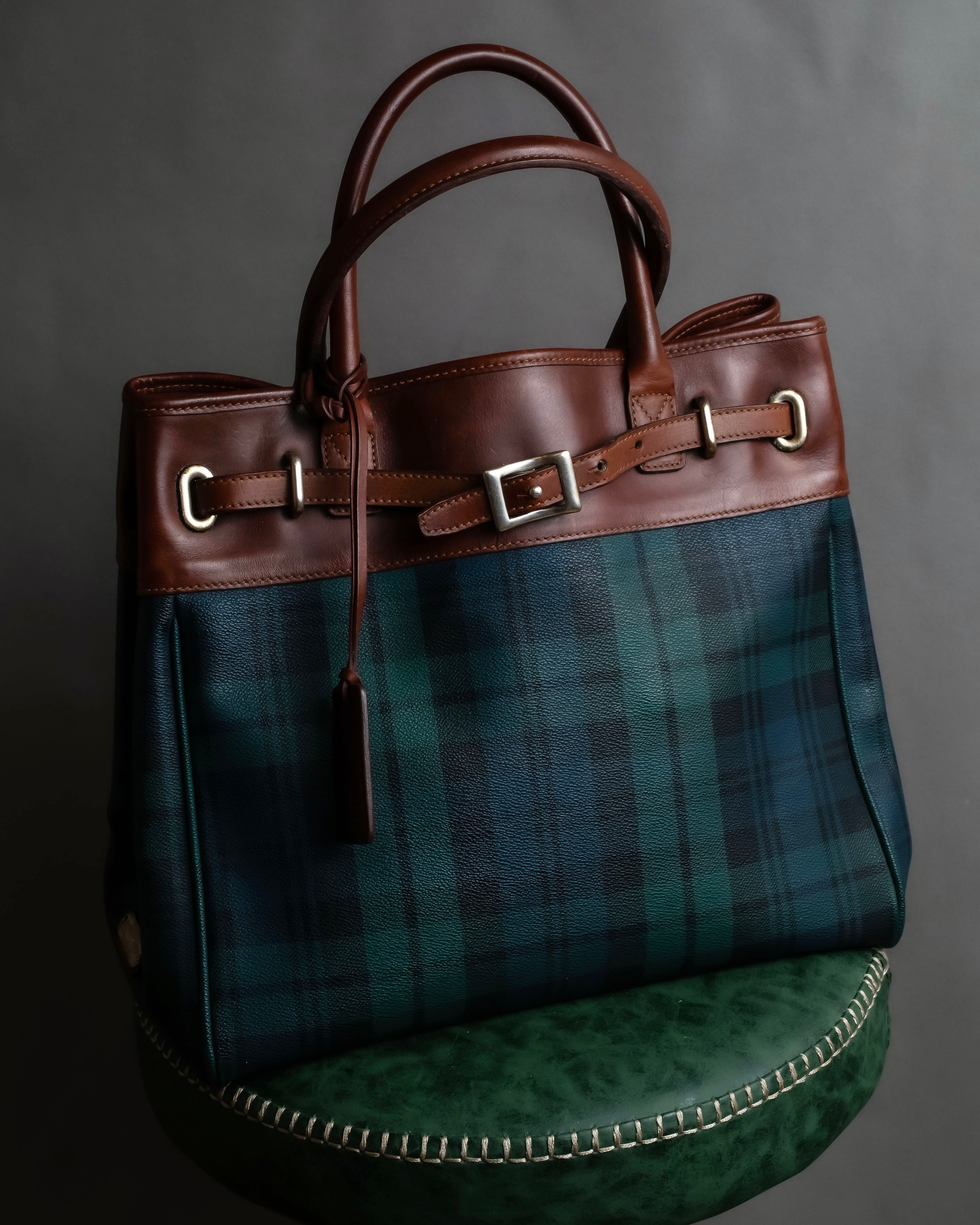 "Ralph Lauren" Blackwatch check canvas leather combination bag