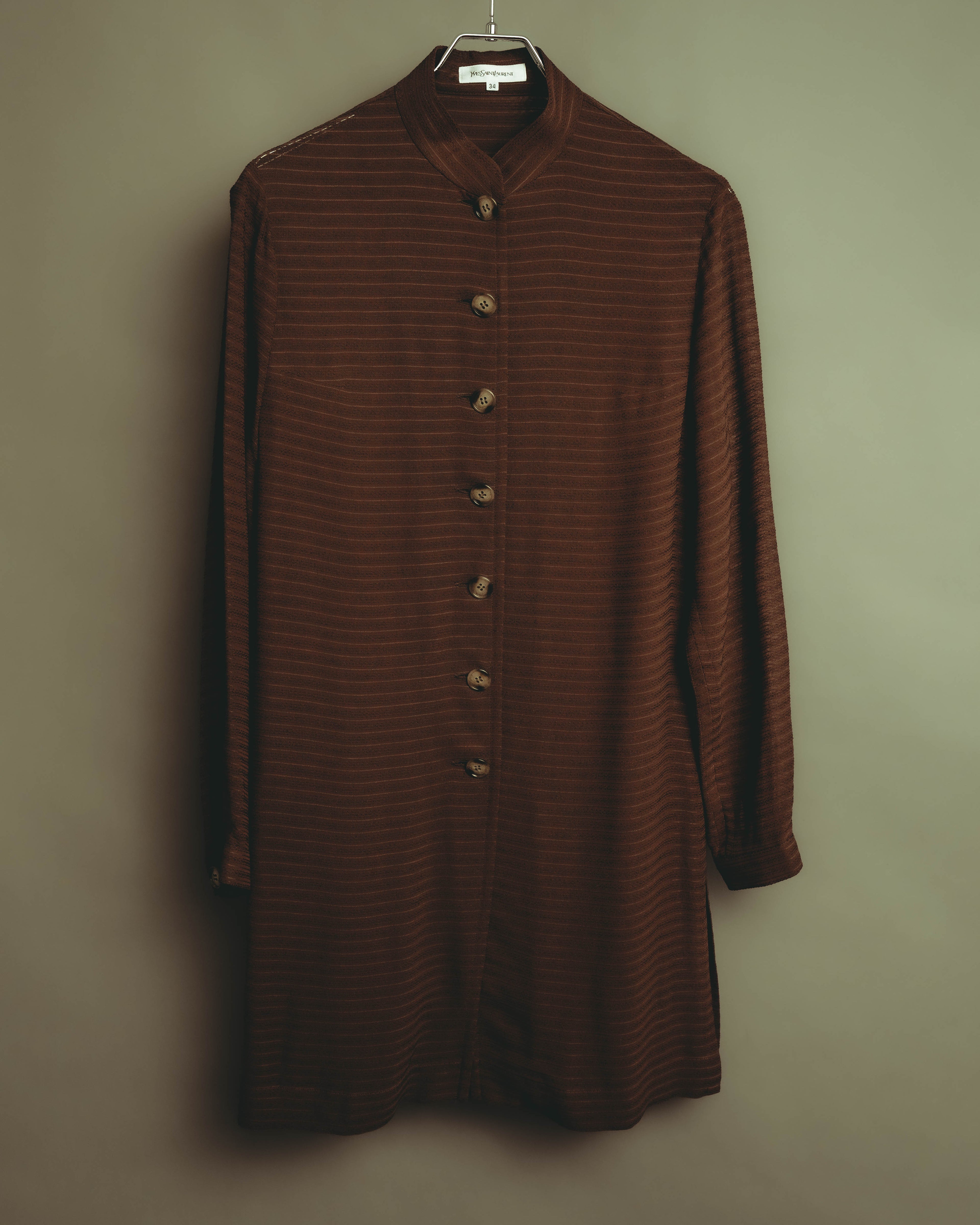 “YVES SAINT LAURENT” 80’s-90’s textured silk blend mandarin collar long shirt