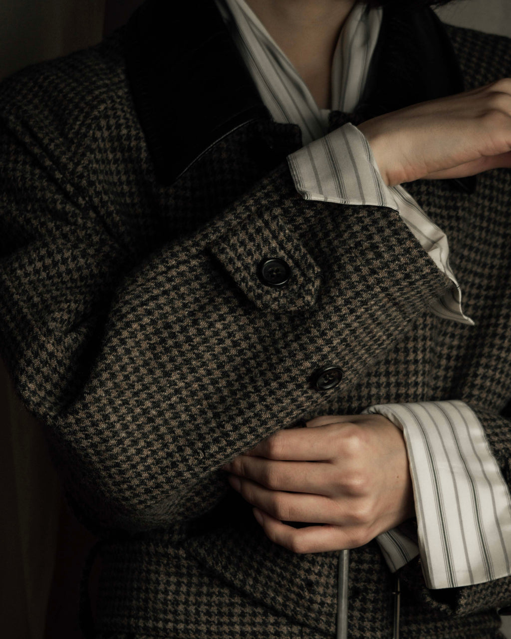 "tricot COMME des GARCONS" Leather collar design houndstooth pattern oversized long coat