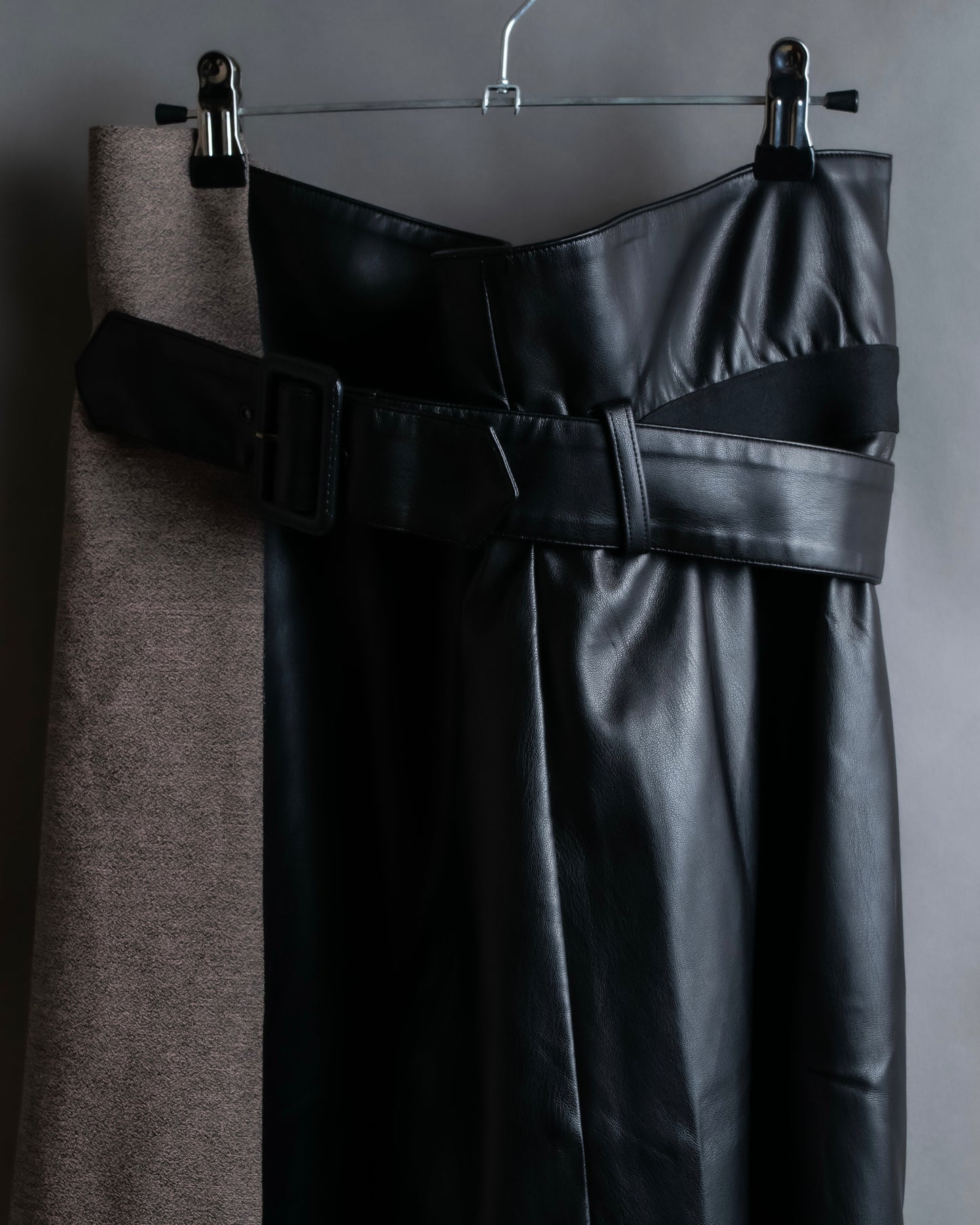 "ADORE" Synthetic leather docking belted maxi length flared skirt