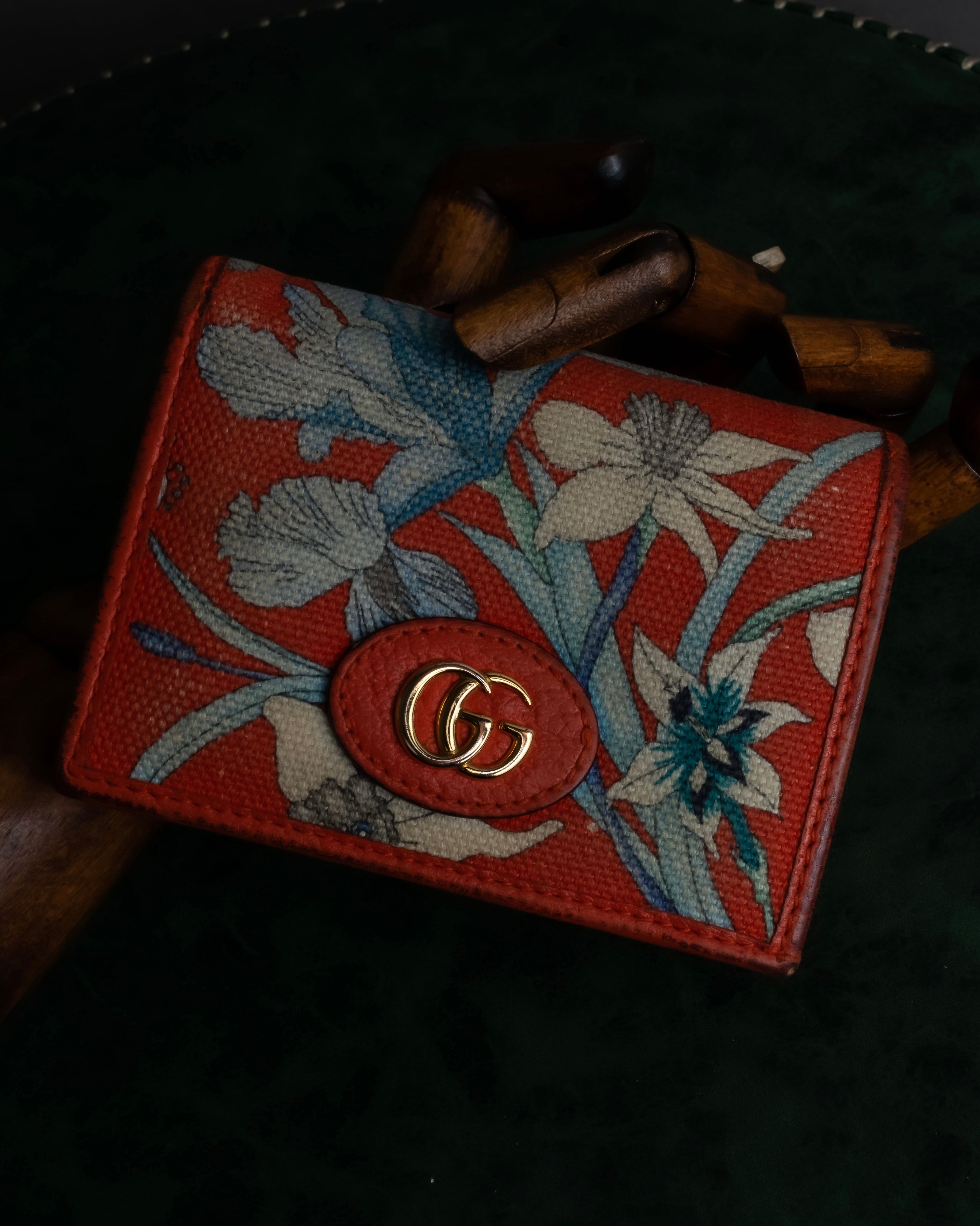 "GUCCI" Botanical pattern double G motif leather bifold wallet