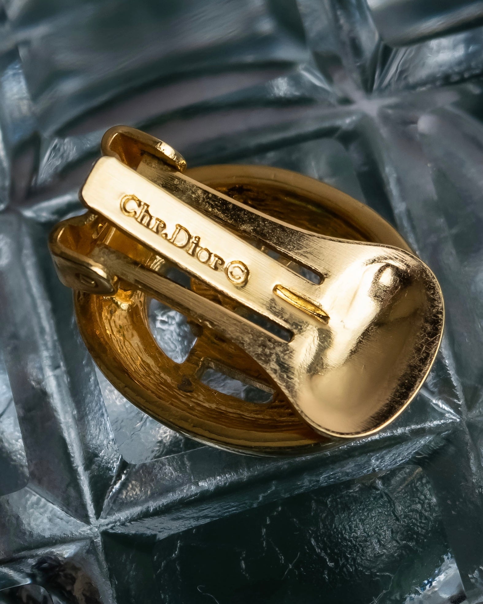 "Christian Dior" Logo cutout design gold earrings