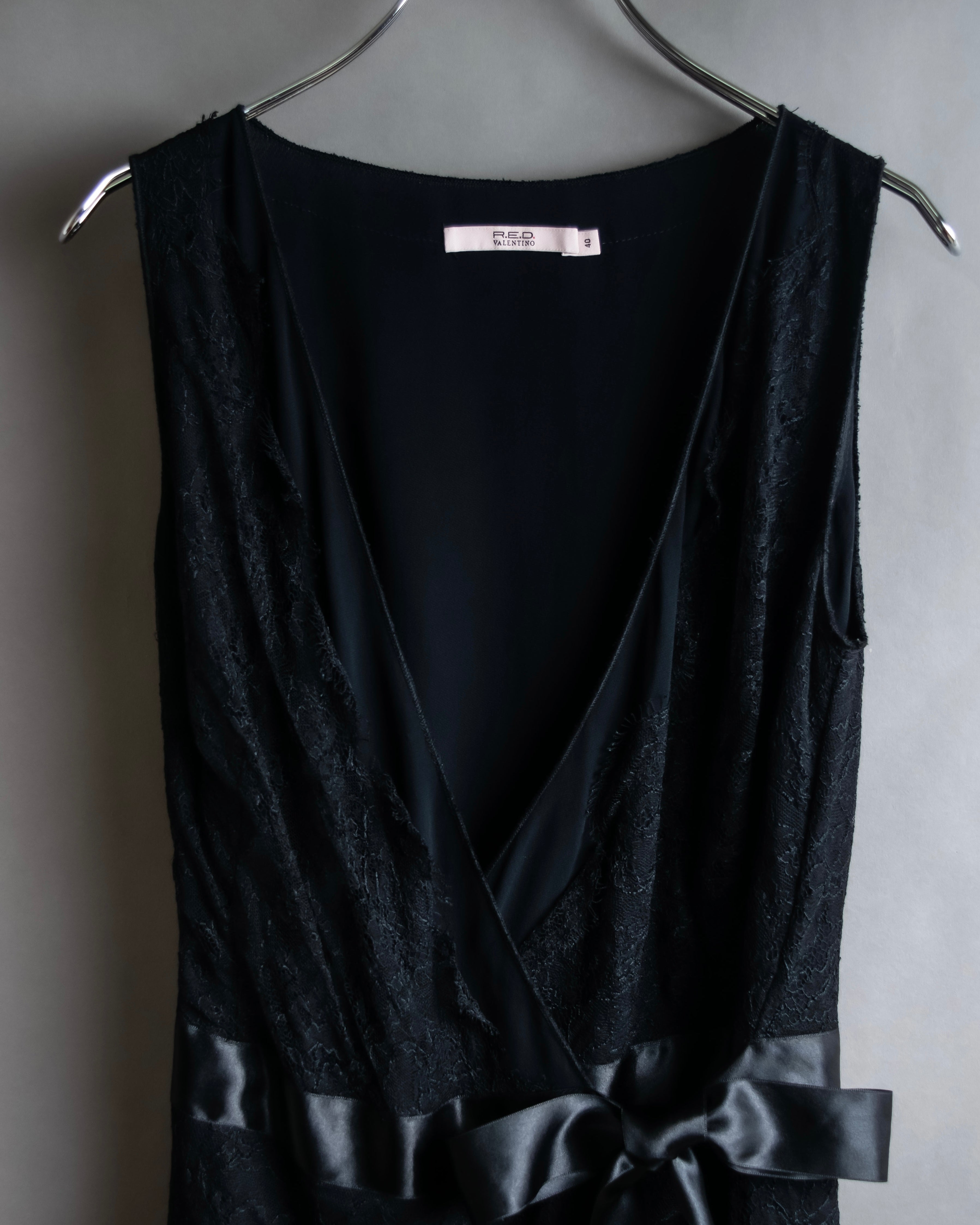 "RED VALENTINO"Ribbon belted design lace black dress