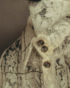 -SPECIAL- "CHANEL" 10's-20's Embellished floral lace and pearl check oversized shirt