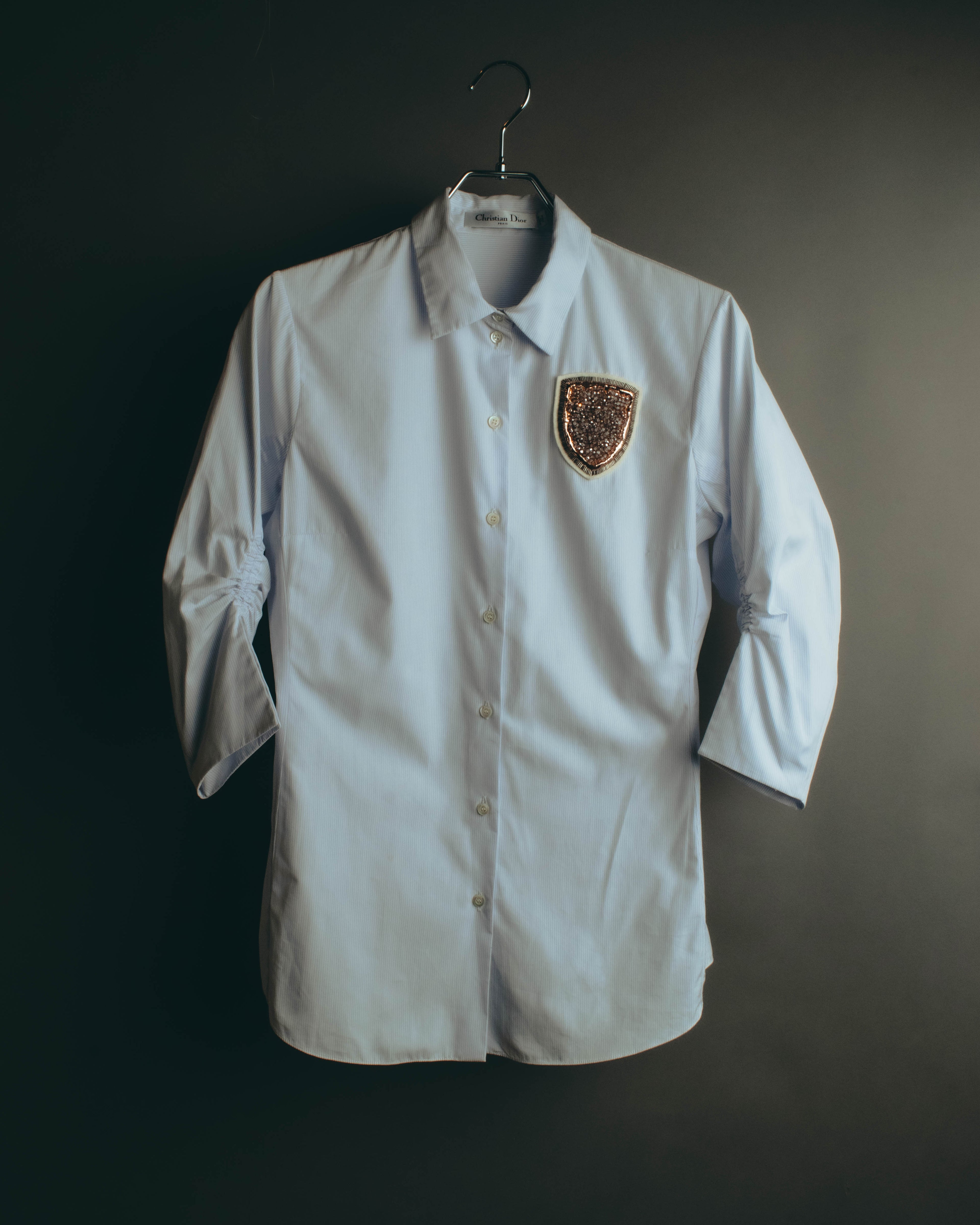 -SPECIAL- "Christian Dior" 00's-10's Embellished shield crest striped ruched sleeve shirt