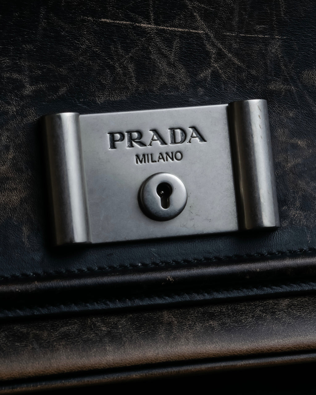 "PRADA" Aged metal parts design leather hand bag