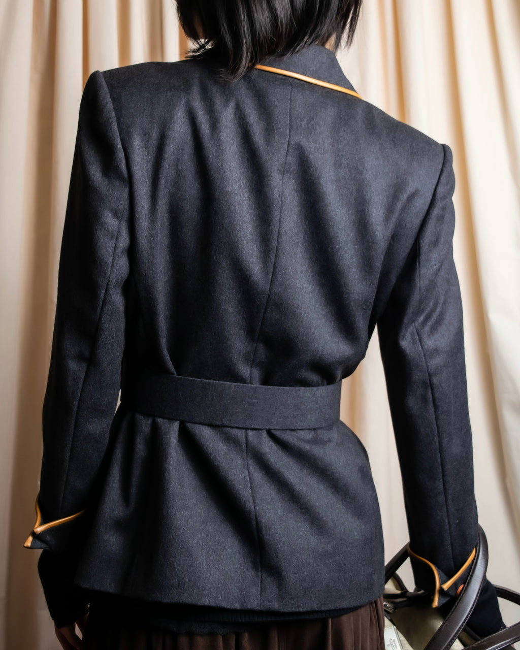 "HERMES" Vintage leather piping design belted tailored jacket
