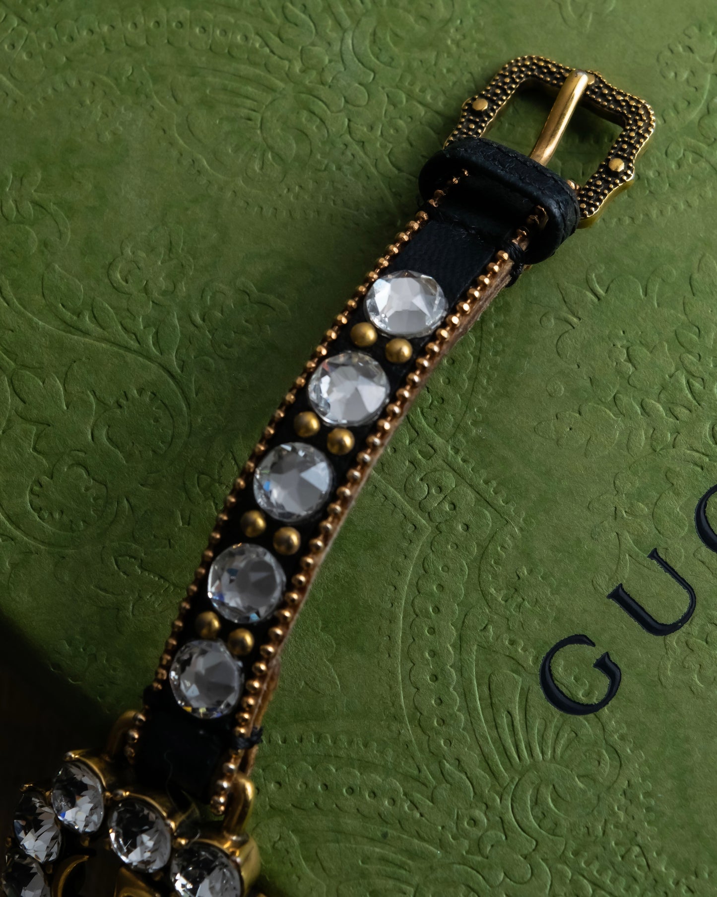 "GUCCI" Double G motif rhinestone leather bracelet