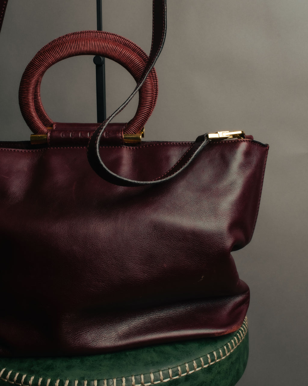 “CELINE” 90’s-00’s Burgundy leather ring handle tote bag