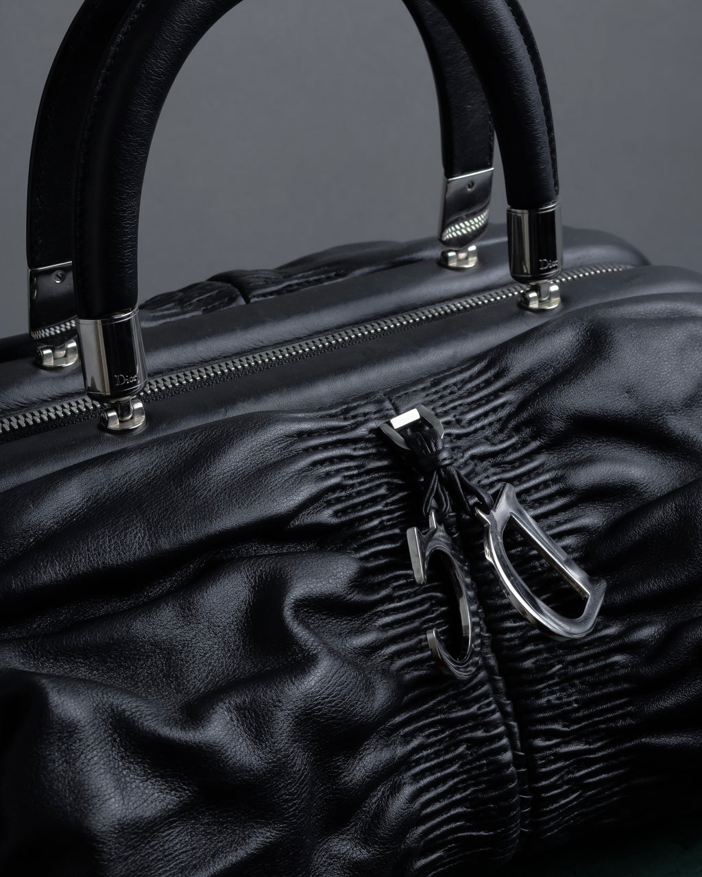 "Christian Dior" CD motif charm design gathered leather hand bag