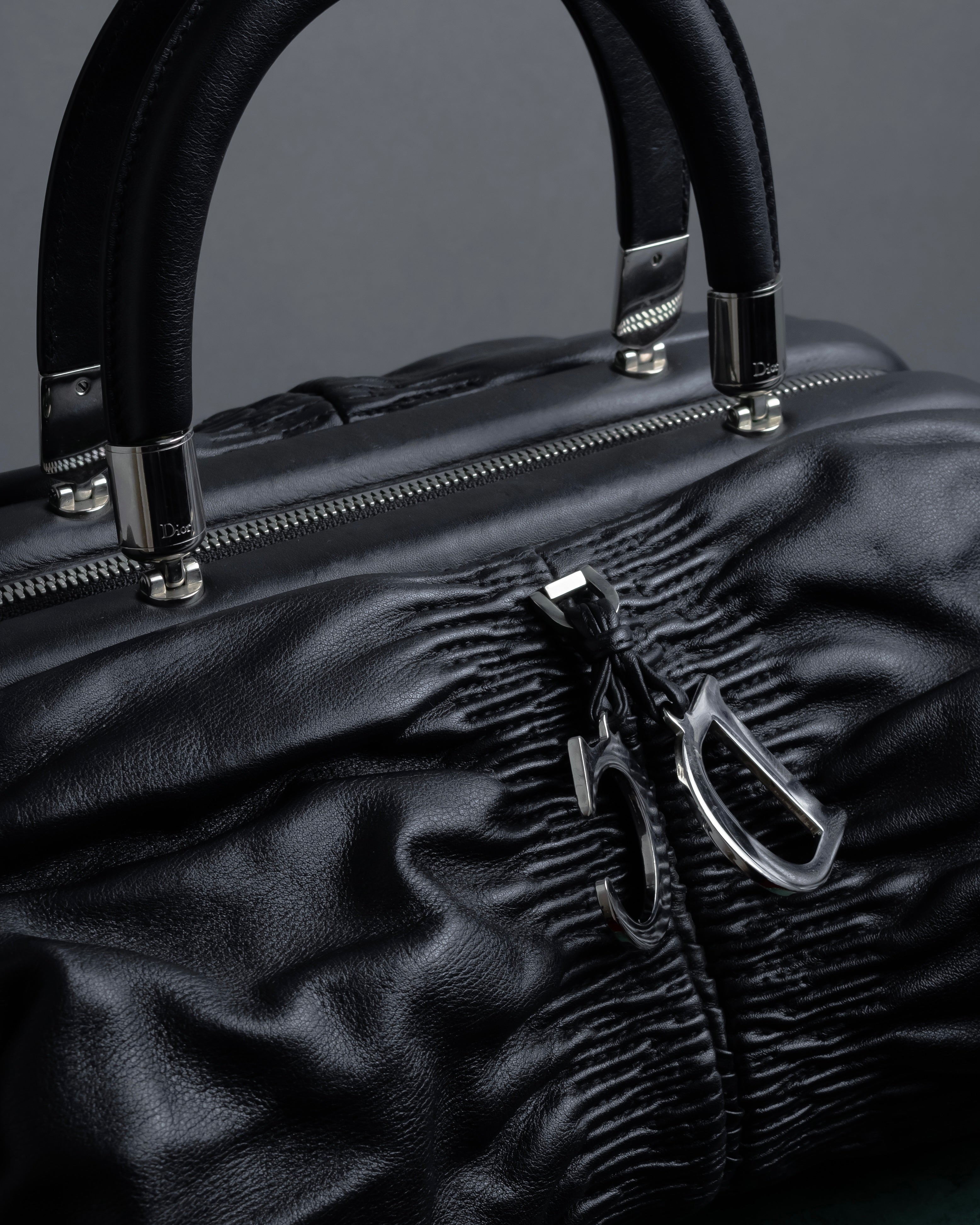 "Christian Dior" CD motif charm design gathered leather hand bag