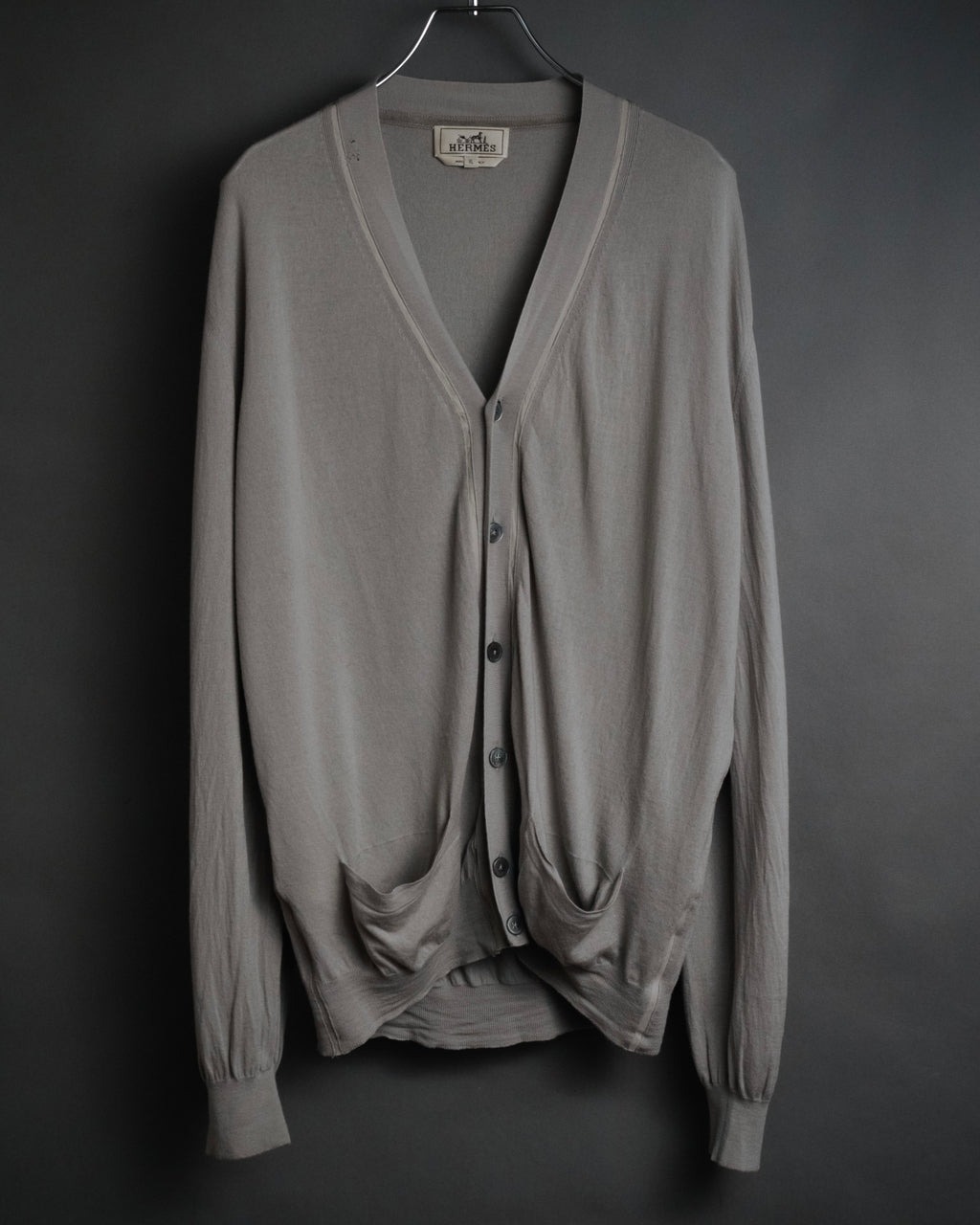 “HERMES” 2000’s Lambskin trimmed high gauge wool cardigan