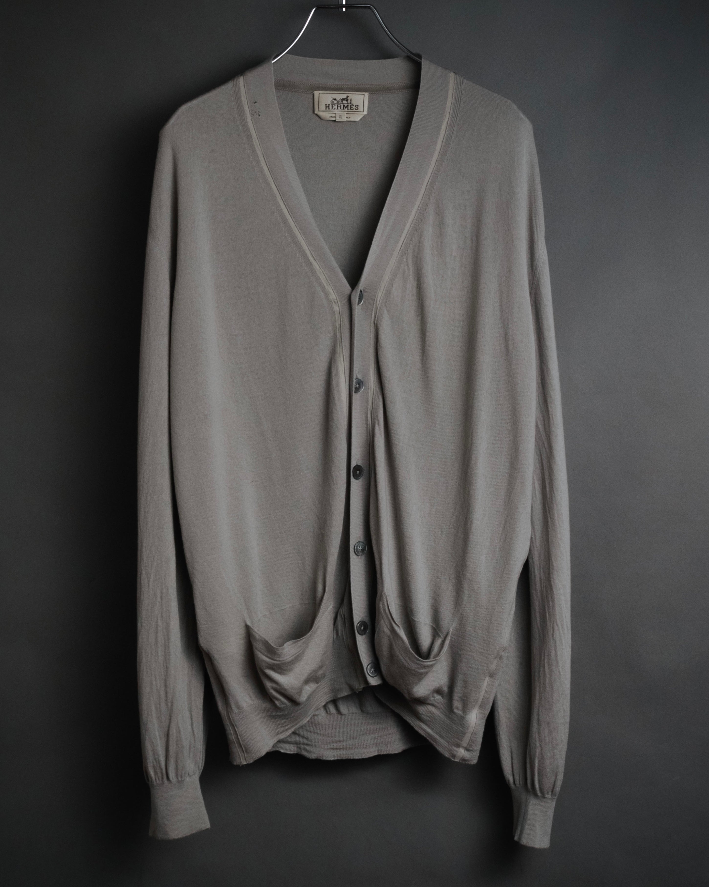 “HERMES” 2000’s Lambskin trimmed high gauge wool cardigan