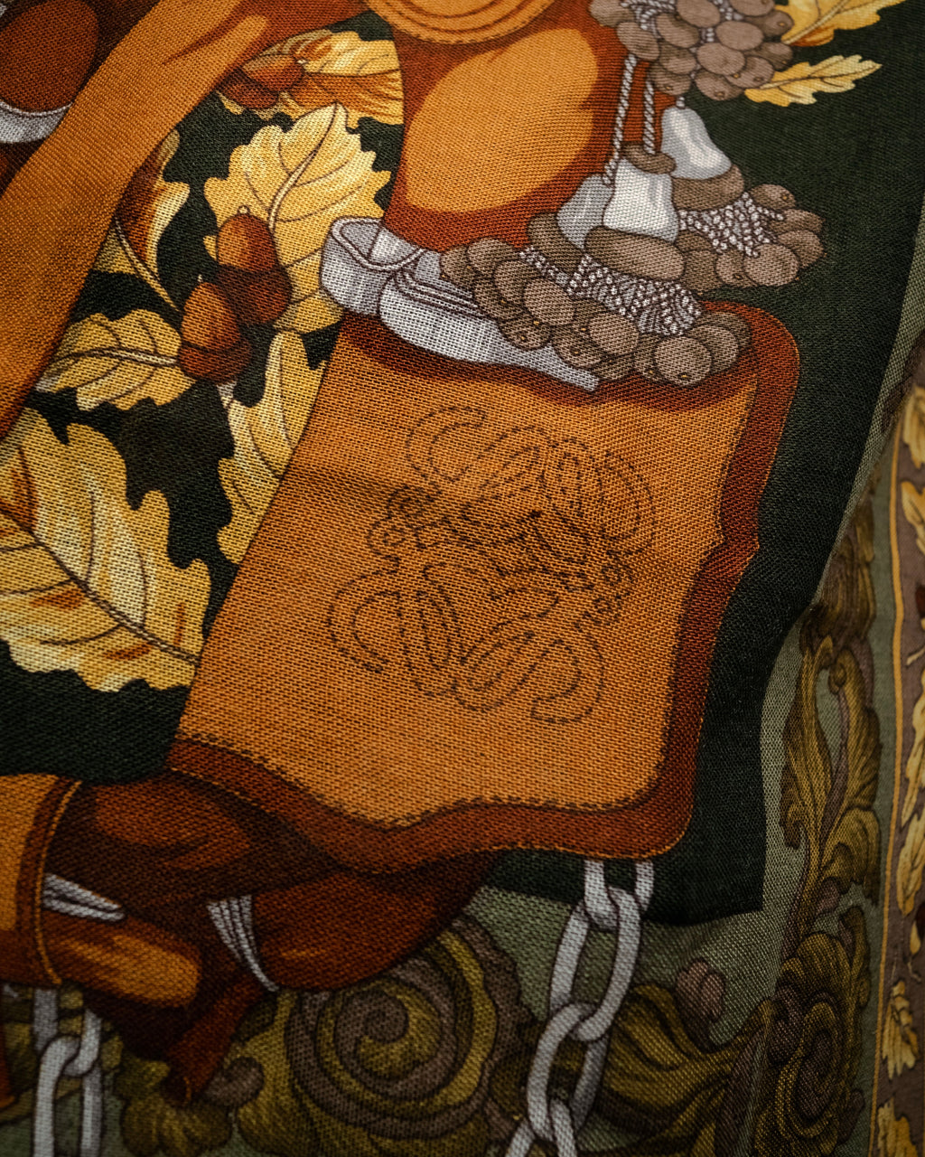 “LOEWE” 90’s–00’s Equestrian motif wool silk fringe scarf