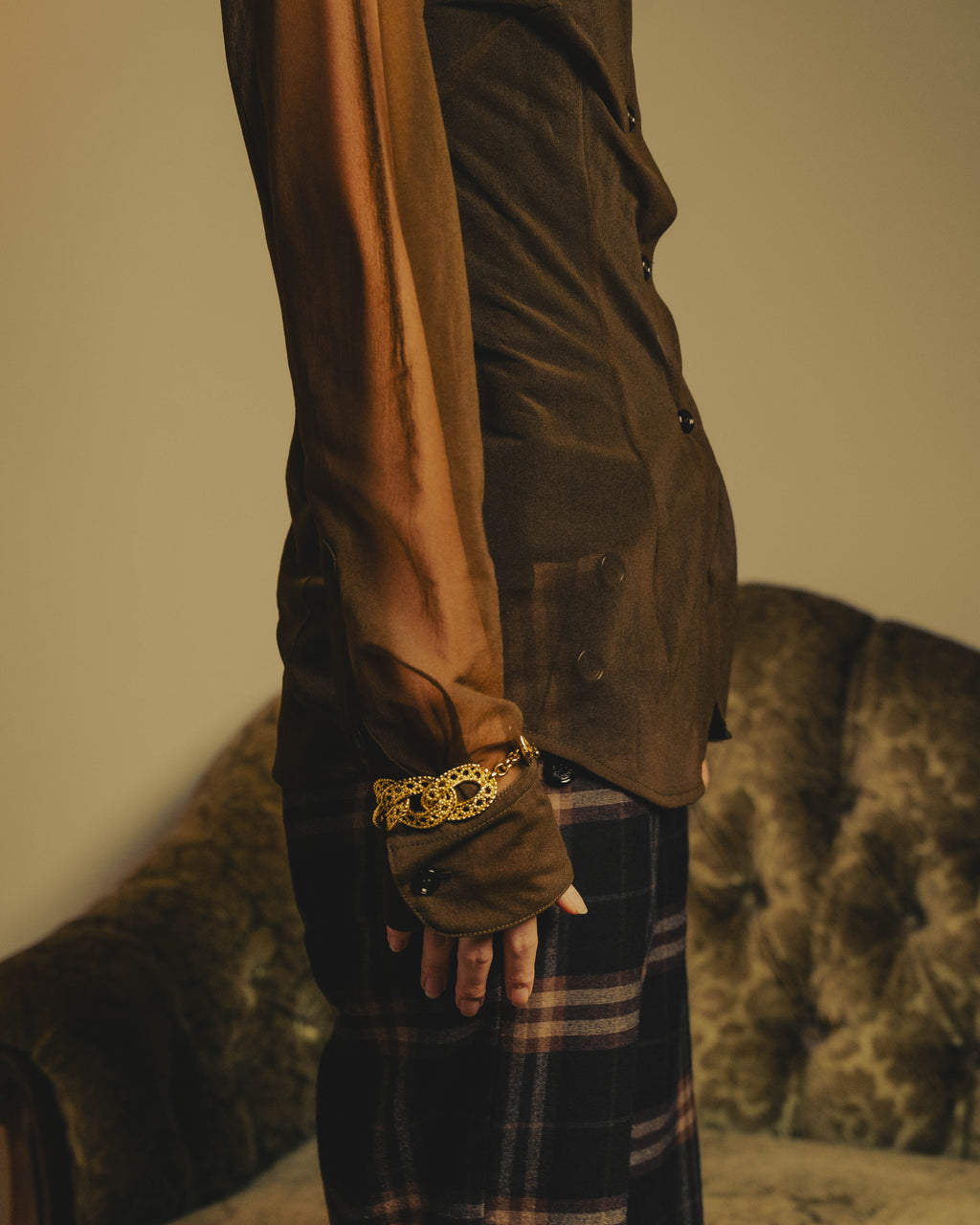 -SPECIAL- “Dries Van Noten” 20’s Sheer brown tailored long sleeve shirt