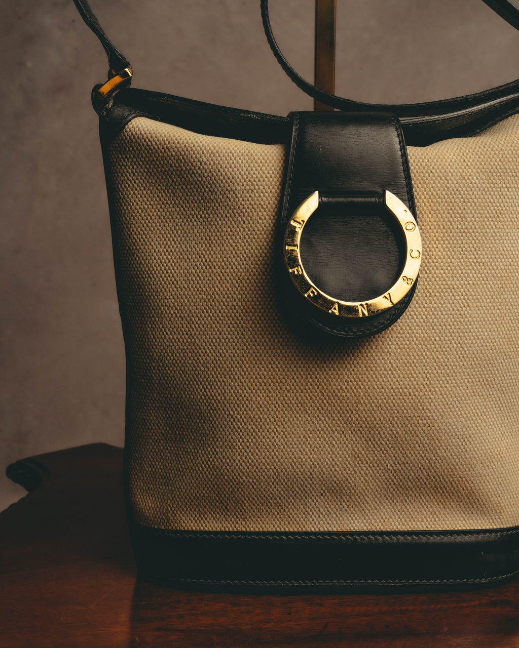 "Tiffany & Co." Vintage two tone canvas and leather shoulder bag