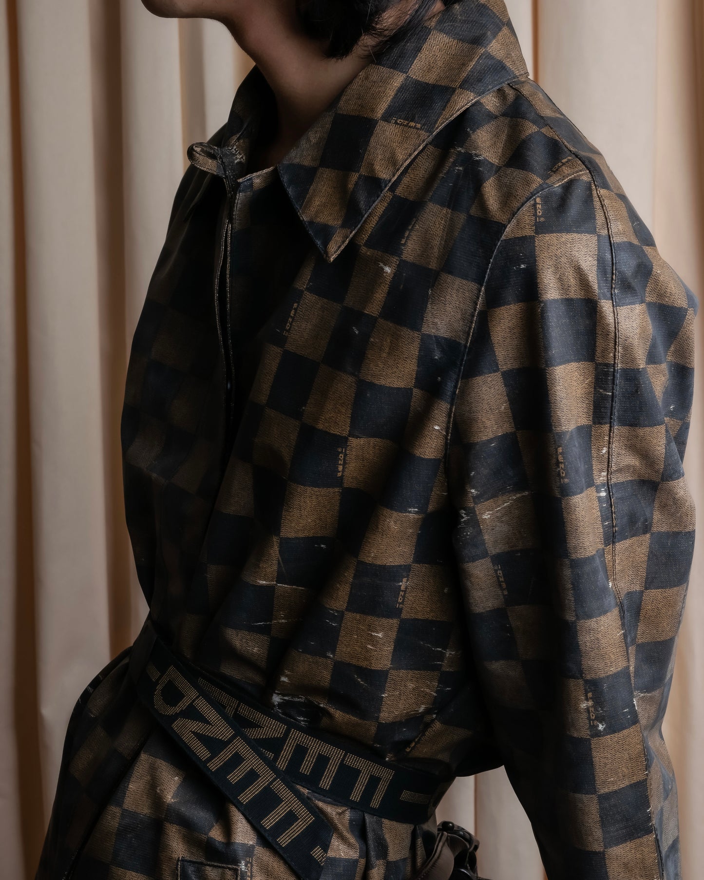 "FENDI" Pecan checkered belted mid length coat