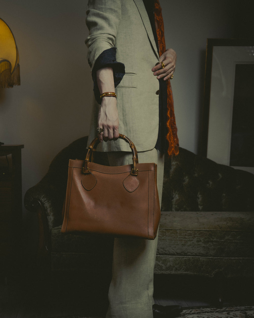 "GUCCI" 80's-90's Bamboo handle leather tote bag