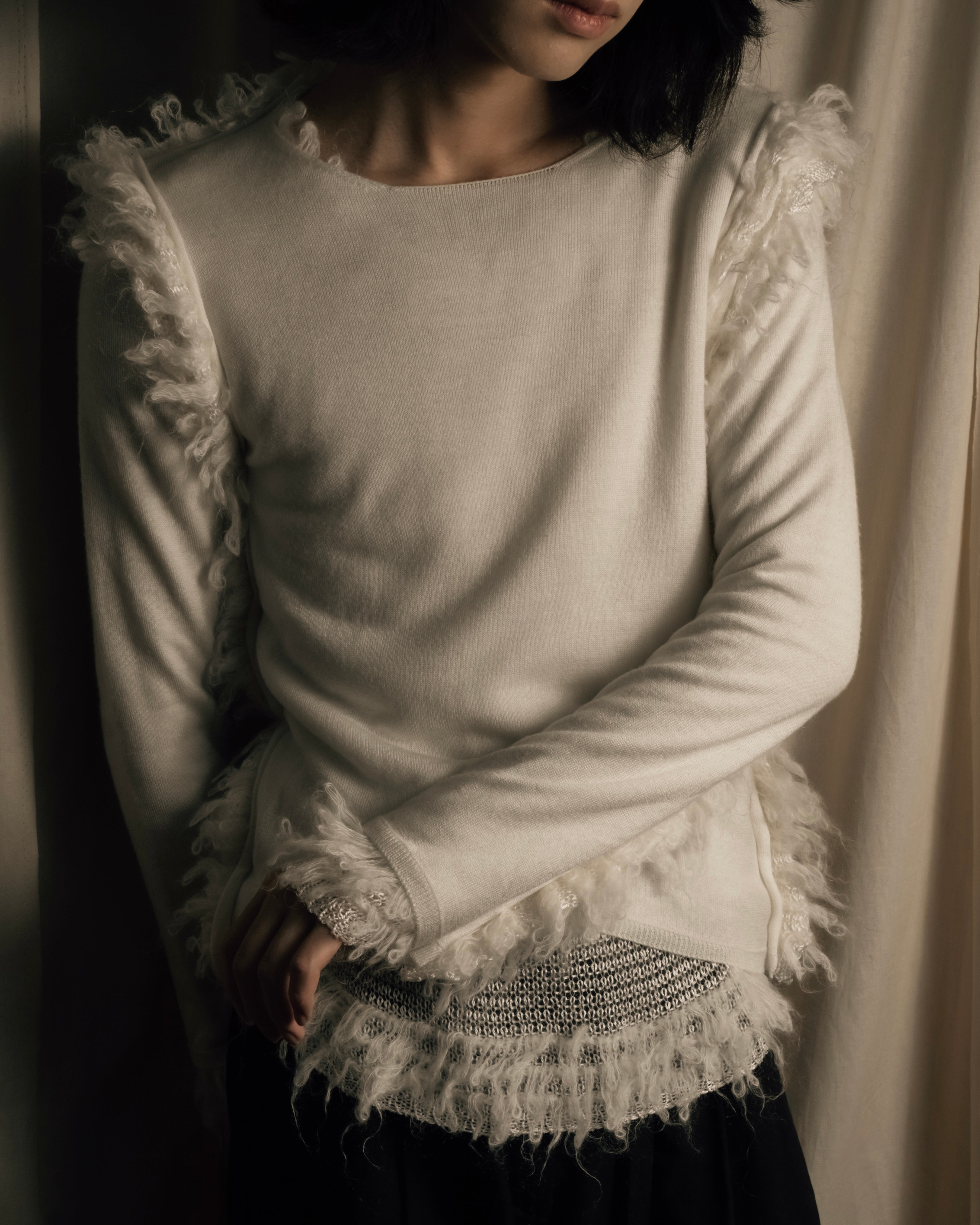 "COMME des GARCONS" 18AW layered mesh design fringe thick knit