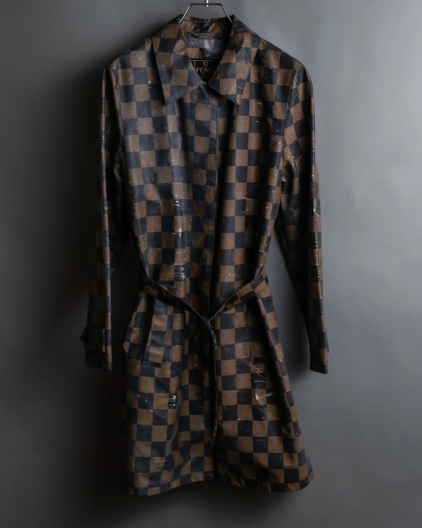 "FENDI" Pecan checkered belted mid length coat