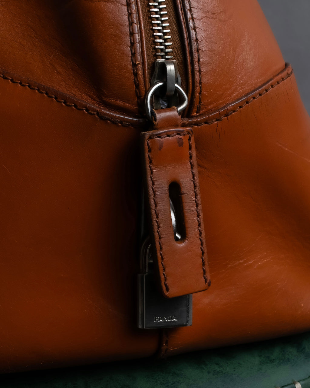 "PRADA" Belt flap detail rounded boston leather bag