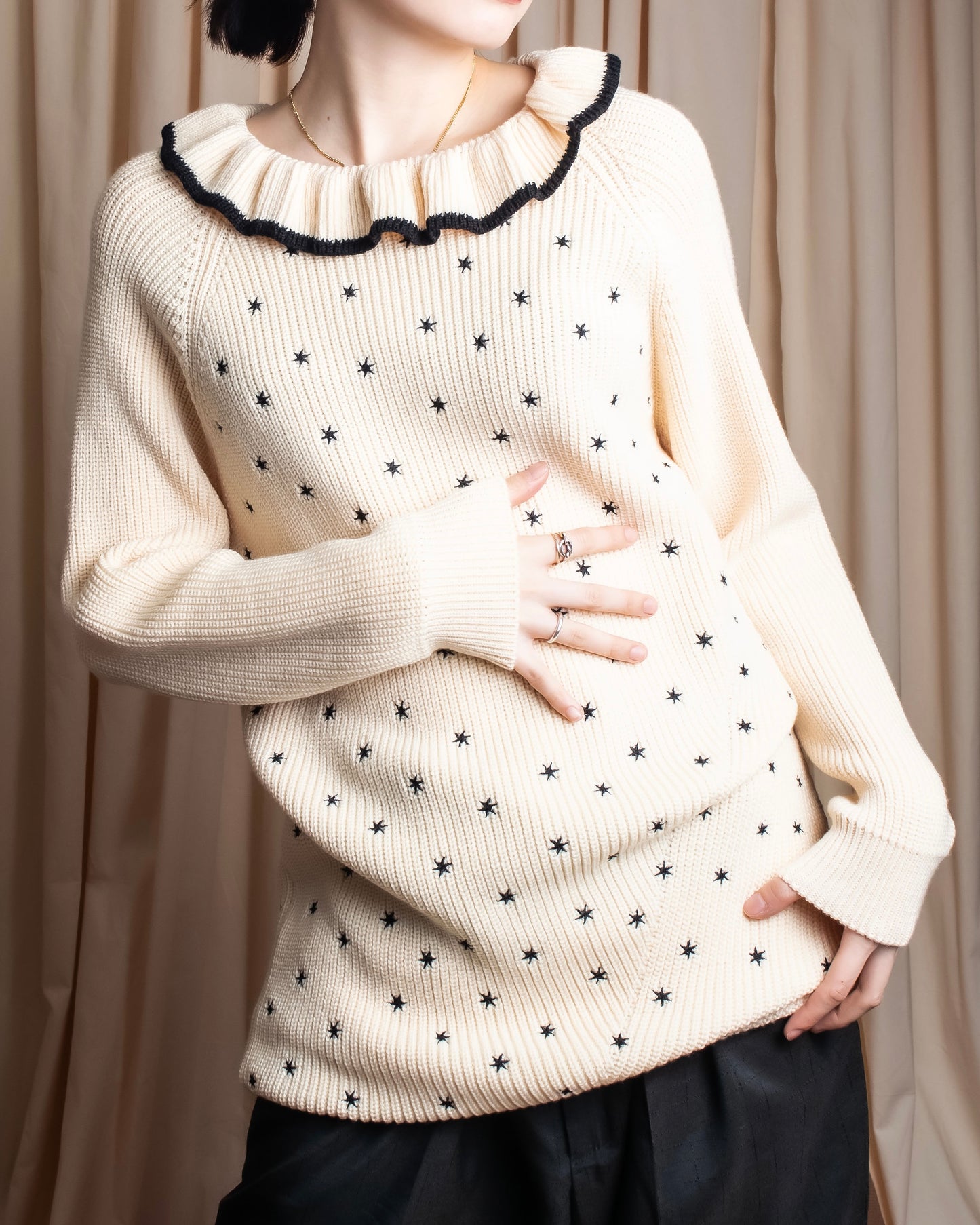 "Christian Dior" Star print frill detail cable knit tunic pullover