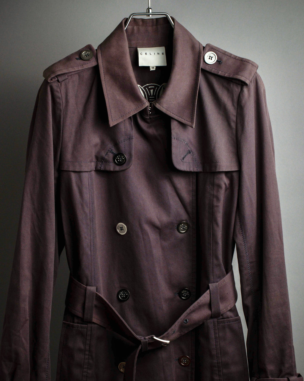 "CELINE" Triomphe button design in plum brown color
 trench coat