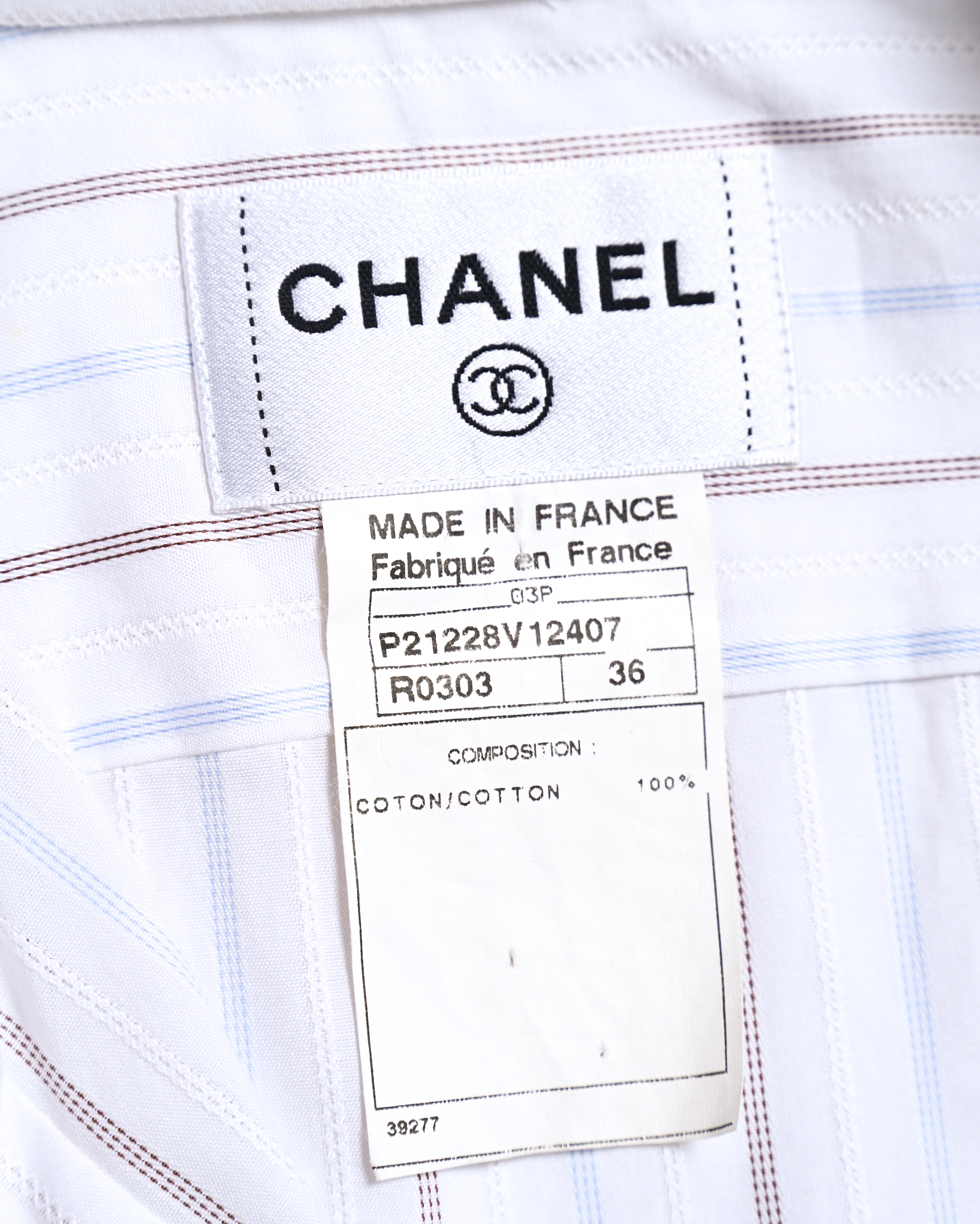 CHANEL/ 2003 Fly Front Design Striped No Sleeve Shirt White