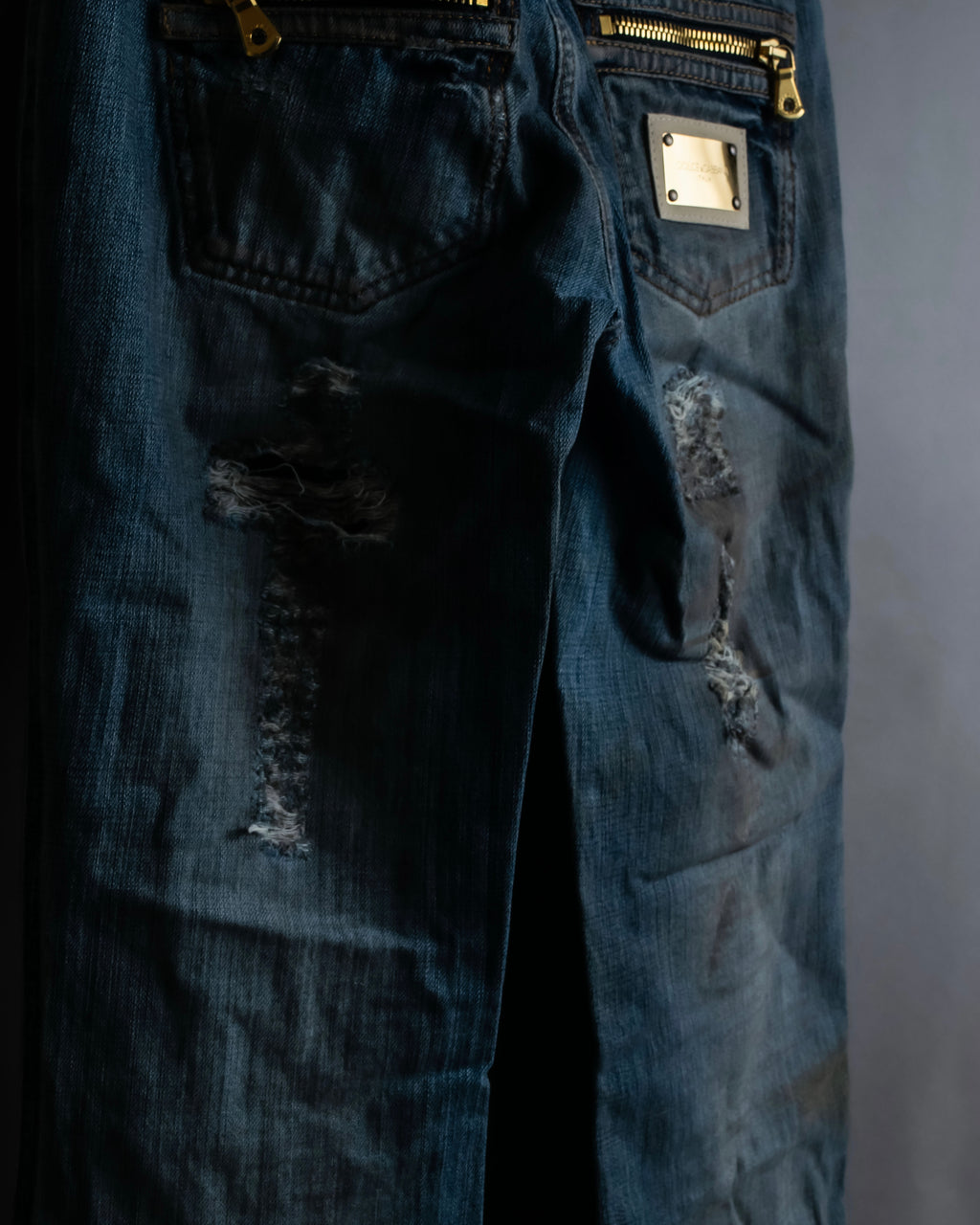 "Dolce & Gabbana" Gold zip detail distressed straight denim