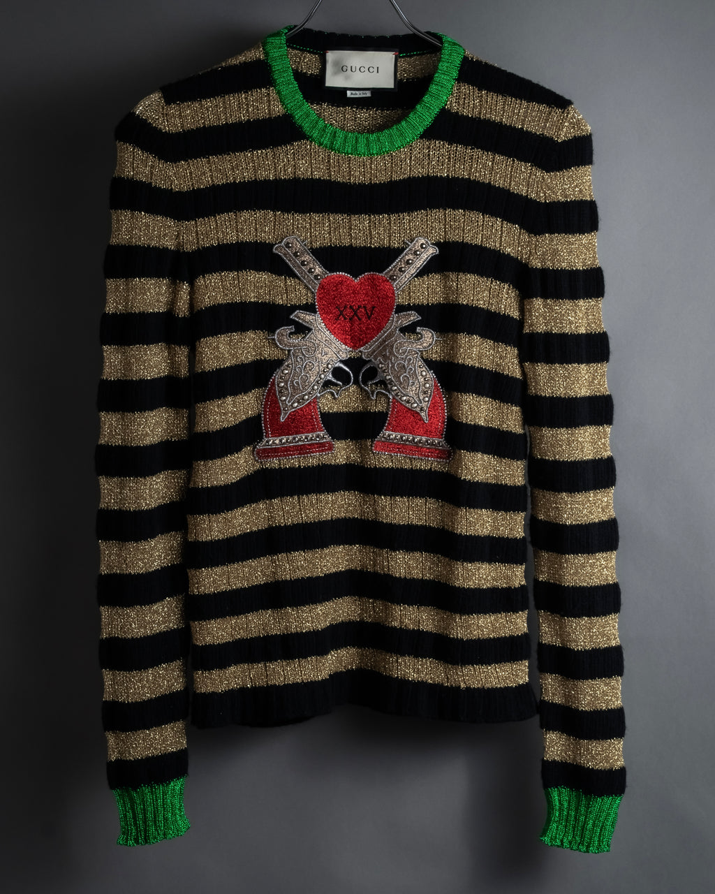 "GUCCI" 17-18aw striped lurex emblem knit sweater