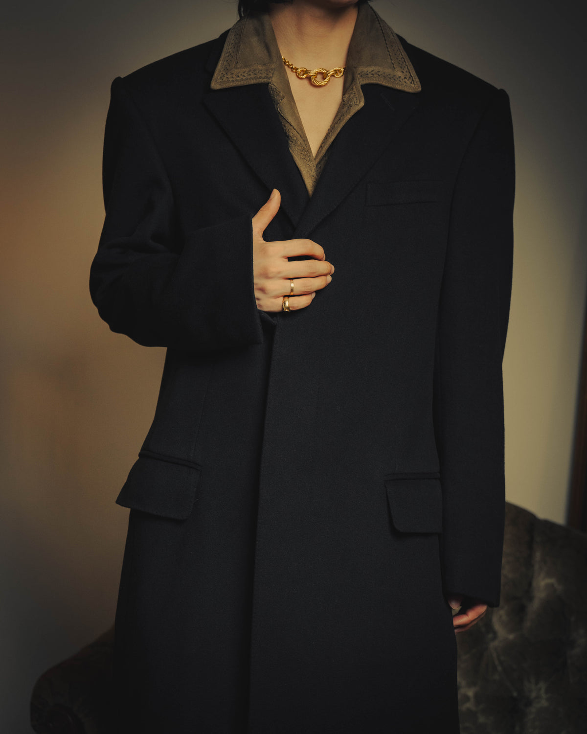 –SPECIAL– “GUCCI” 90’s Tom Ford era concealed-front wool long chester coat