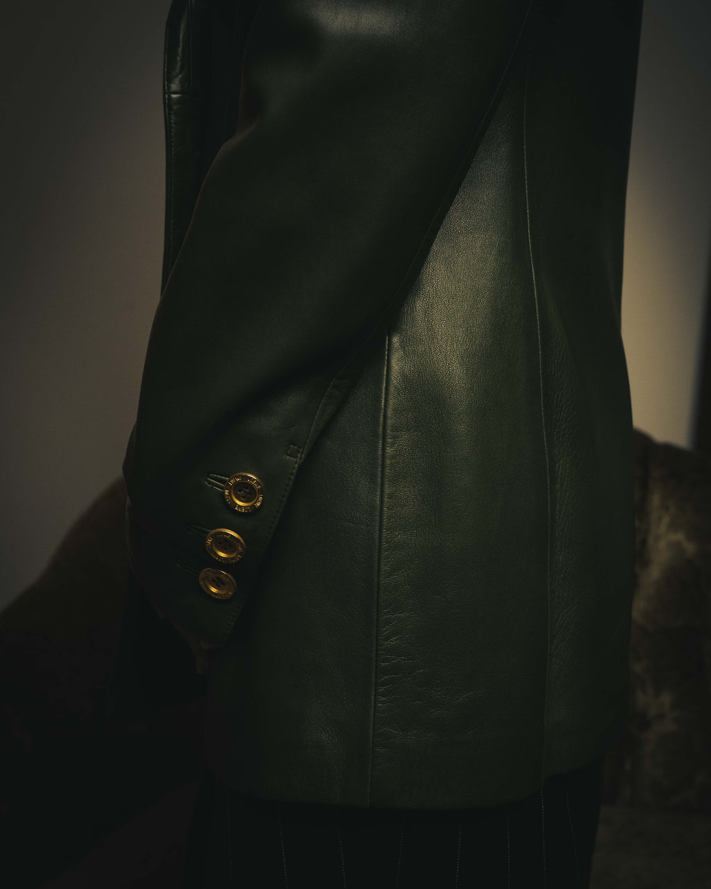 -SPECIAL- “LOEWE” 80’s-90’s Gold buttoned olive leather double-breasted tailored jacket