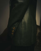 -SPECIAL- “LOEWE” 80’s-90’s Gold buttoned olive leather double-breasted tailored jacket