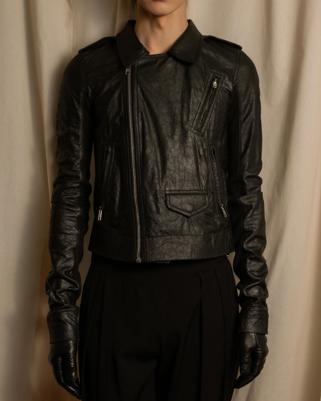 -SPECIAL- "Rick Owens" 15AW Beautiful wrinkles front zip leather jacket