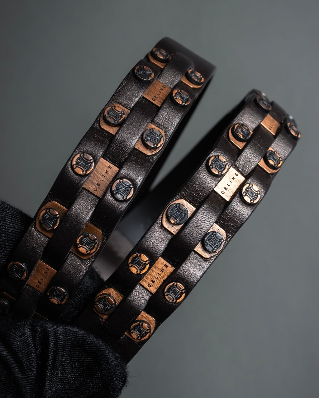 "CELINE" Triomphe motif stud design leather narrow belt