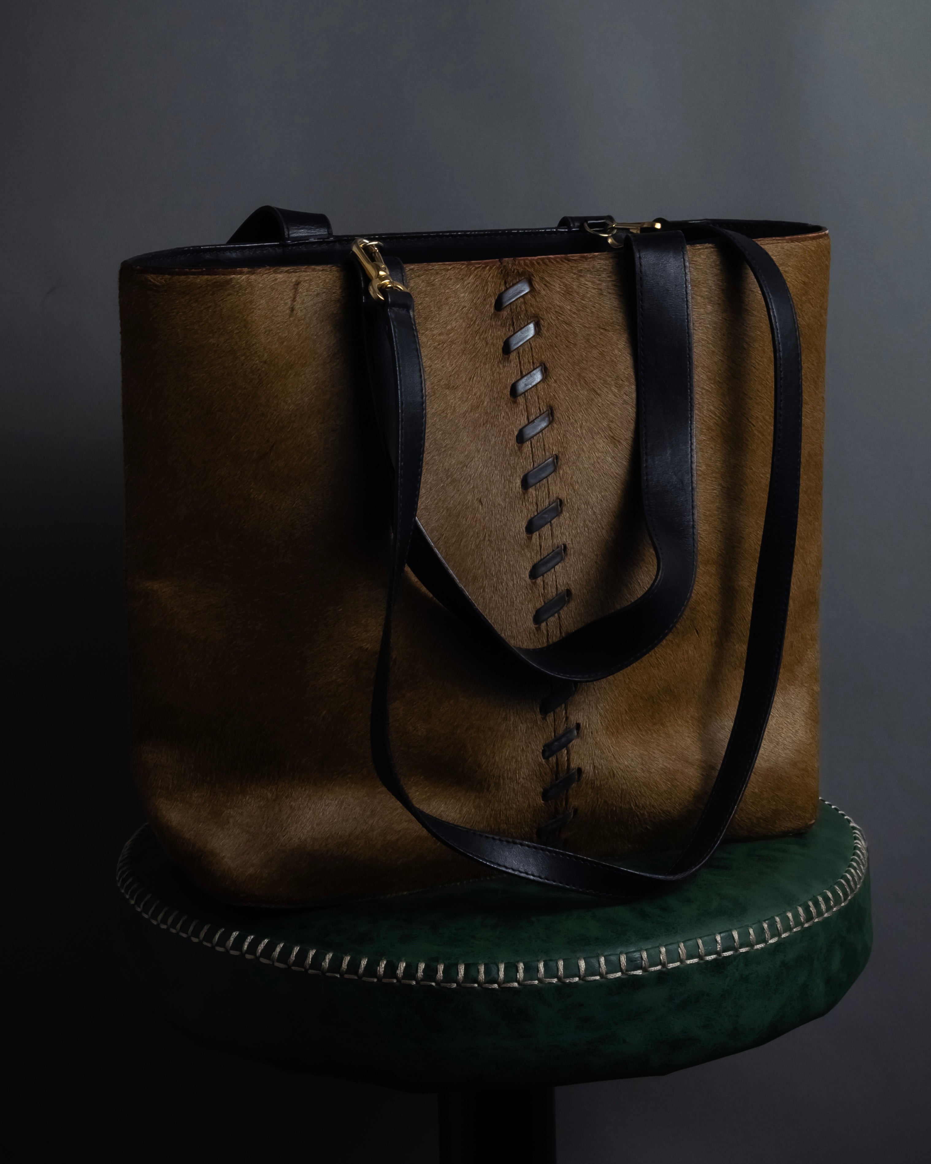 "YVES SAINT LAURENT" Hand-stitched design hair calf leather tote bag