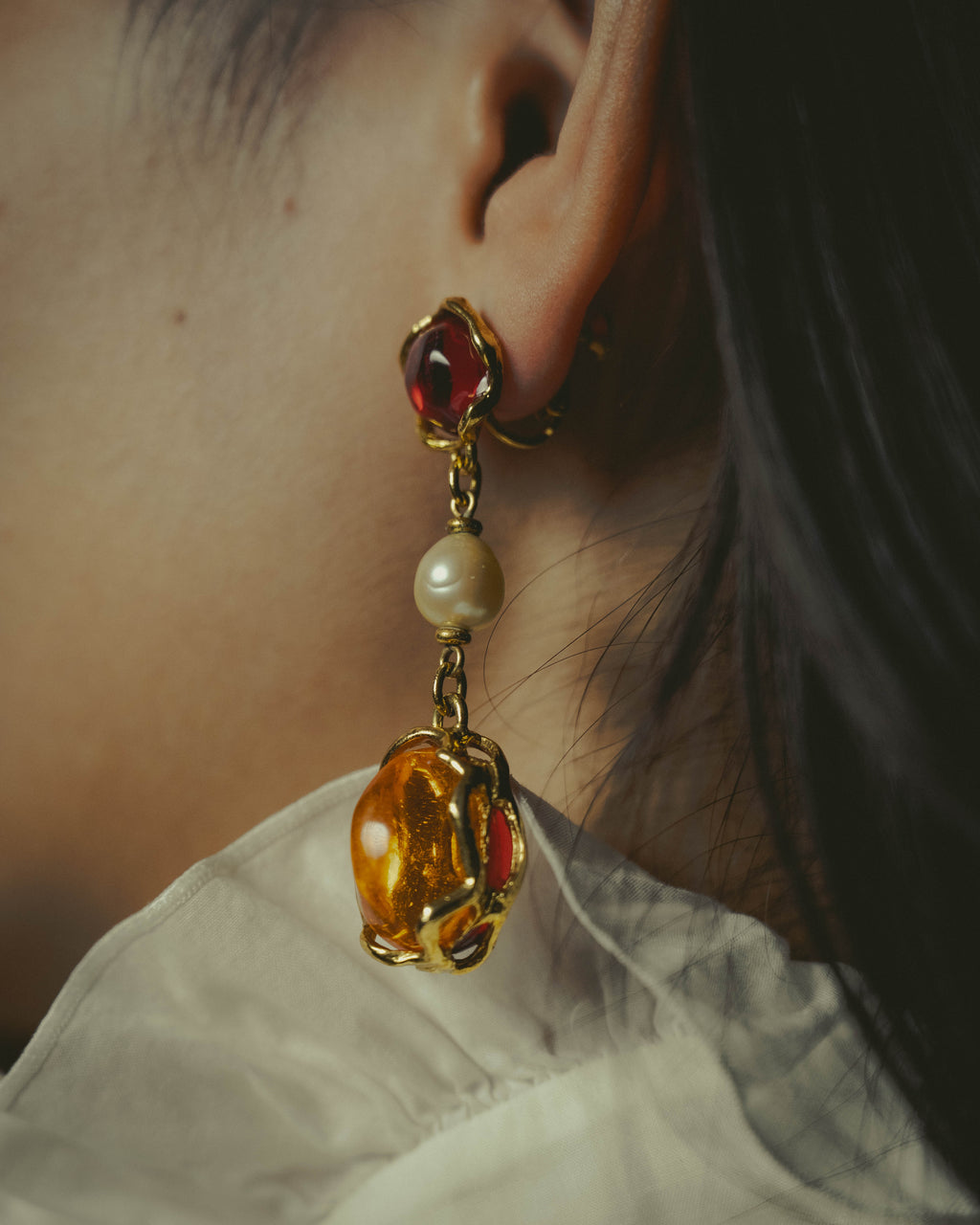 -SPECIAL- "Yves Saint Laurent" 80's-90's Vintage architectural poured glass and pearl drop earrings