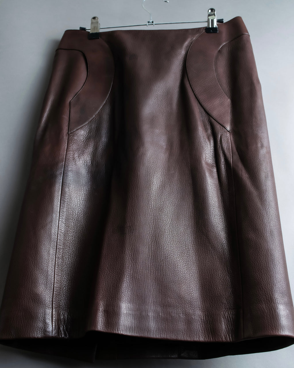 "Hermes by Gaultier" Round Pocket Wine Red Leather Skirt