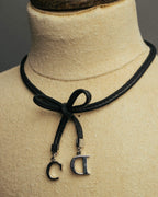 "Christian Dior" Ribbon charm leather cord choker necklace