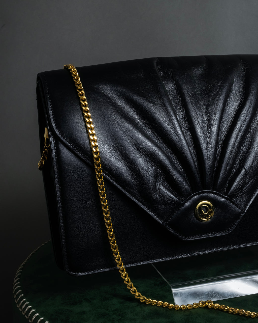 "Christian Dior" 70's-80's Radial drape design gold chain leather shoulder bag