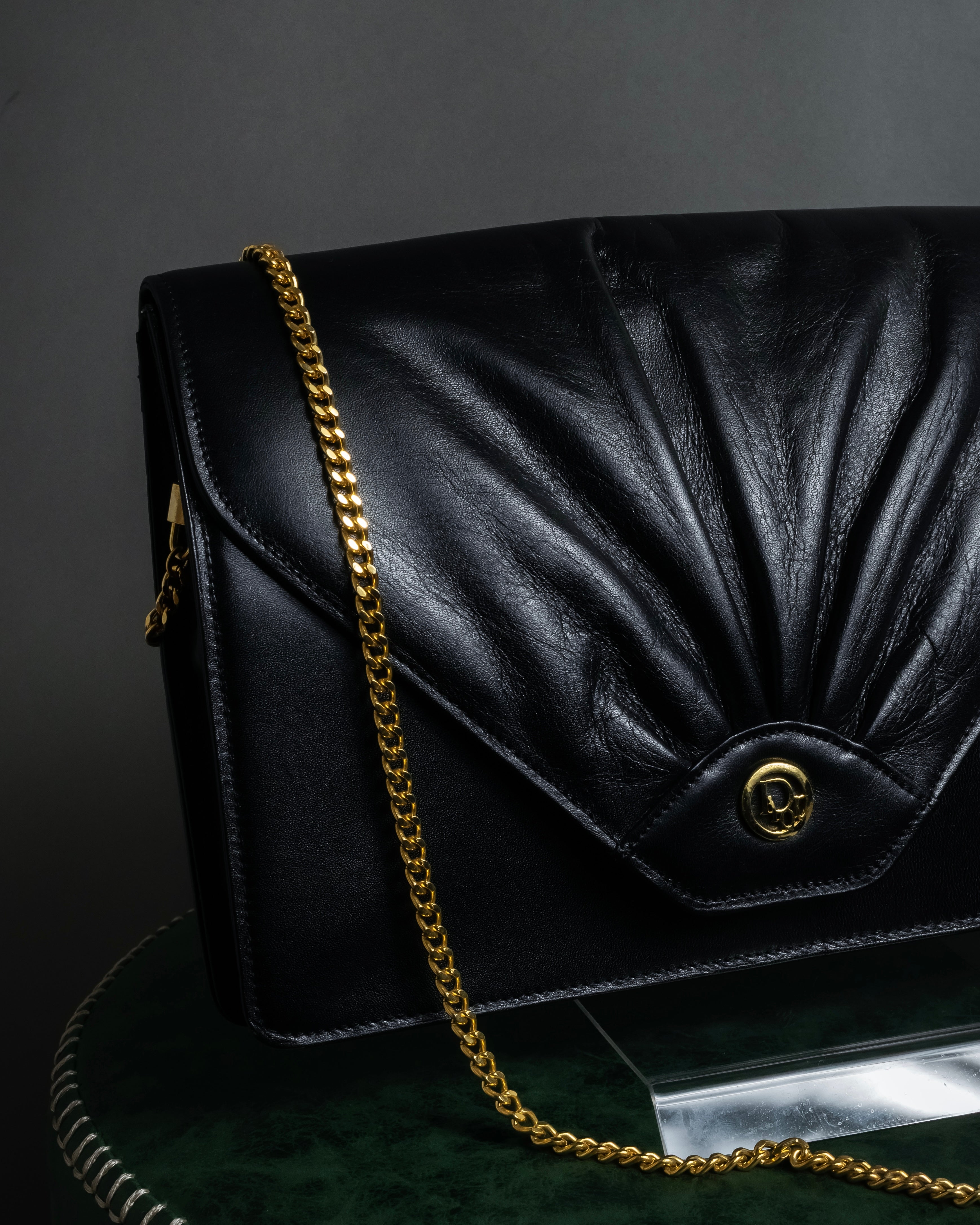 "Christian Dior" 70's-80's Radial drape design gold chain leather shoulder bag