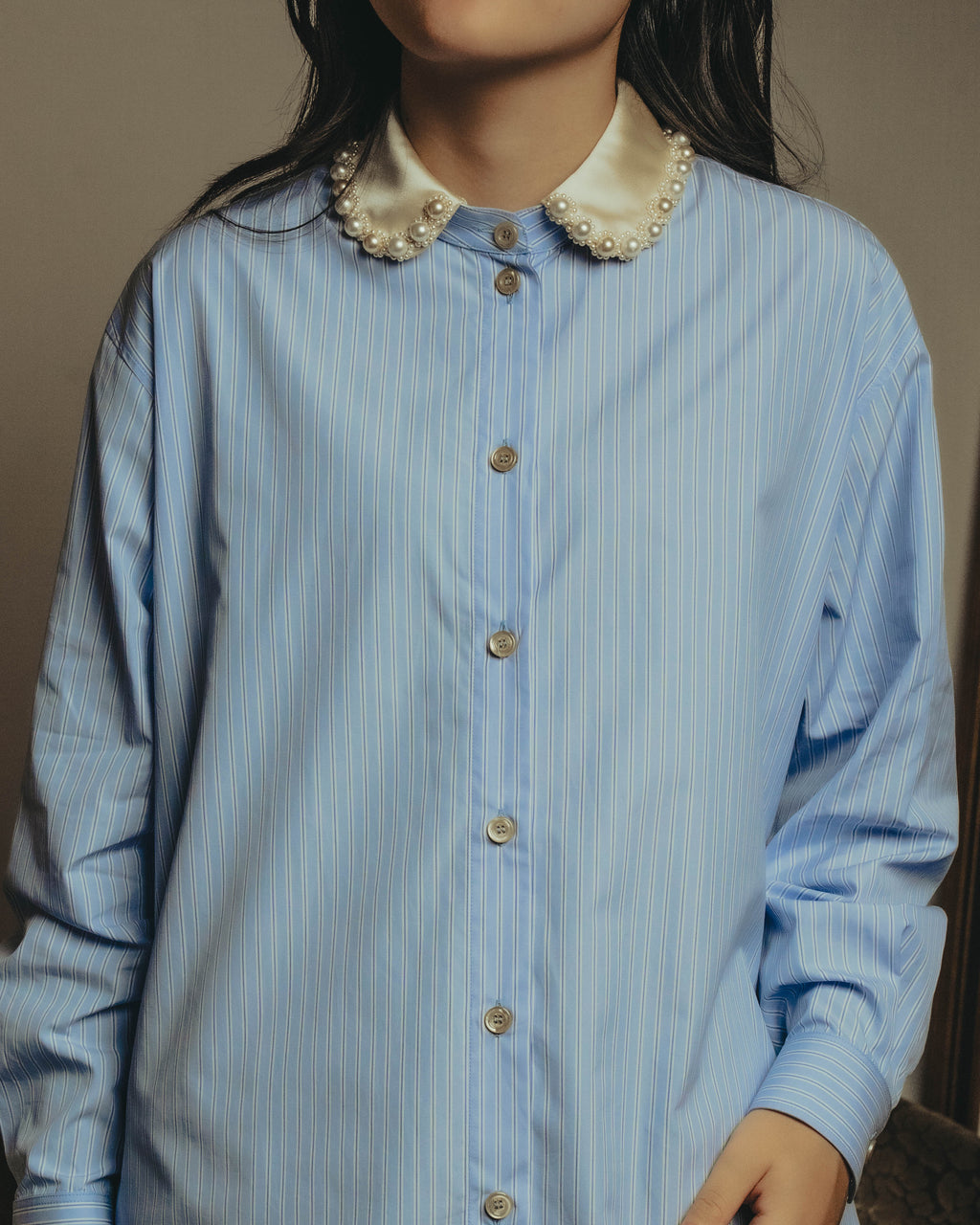 -SPECIAL- "GUCCI" 2010's-20's Pearl embellished detachable collar striped long shirt