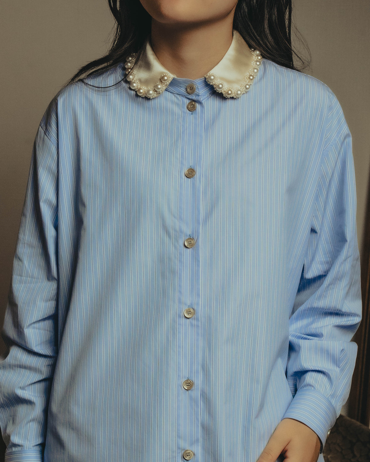 -SPECIAL- "GUCCI" 2010's-20's Pearl embellished detachable collar striped long shirt
