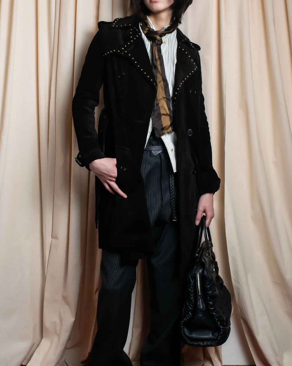 "Saint Laurent" 19AW gold studs design suede long coat