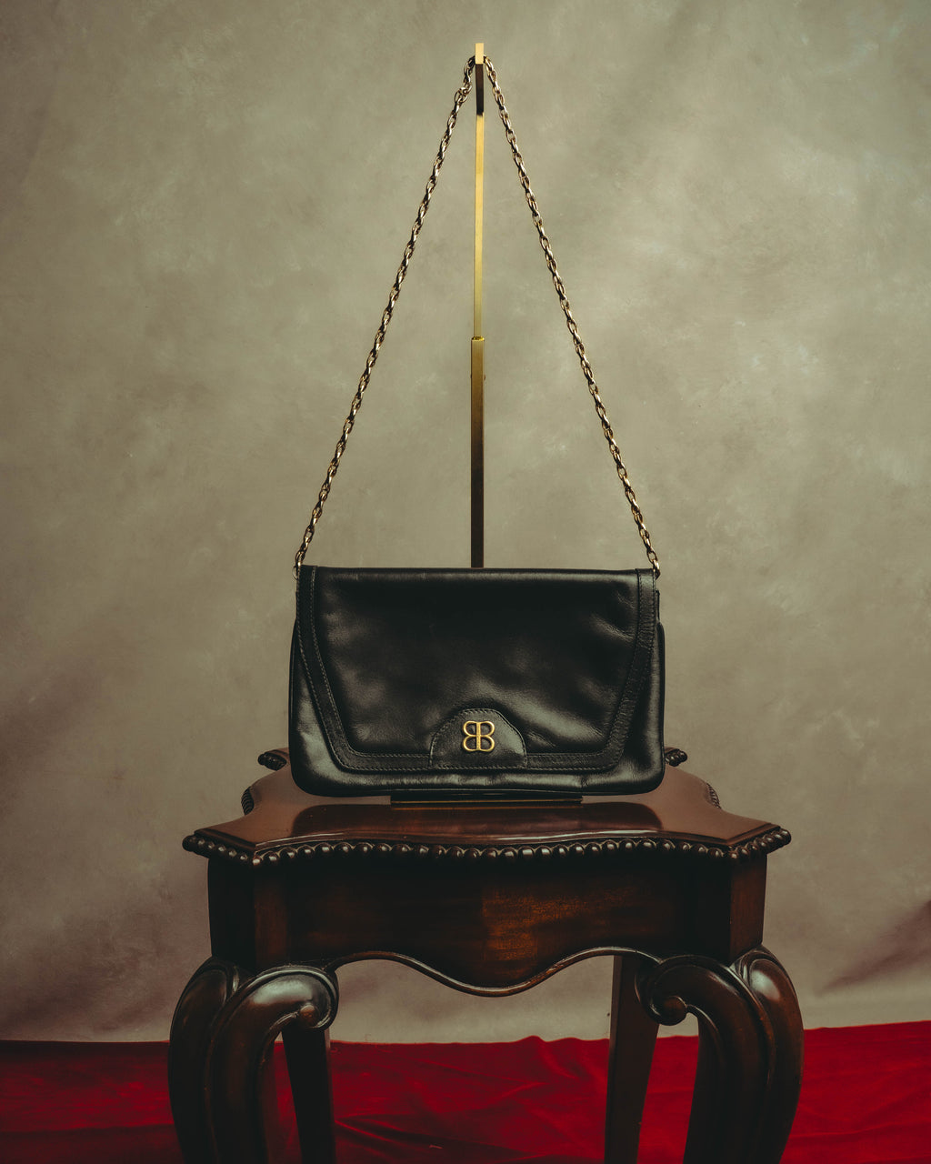 “BALENCIAGA” 80’s-early 90’s double BB leather chain shoulder bag